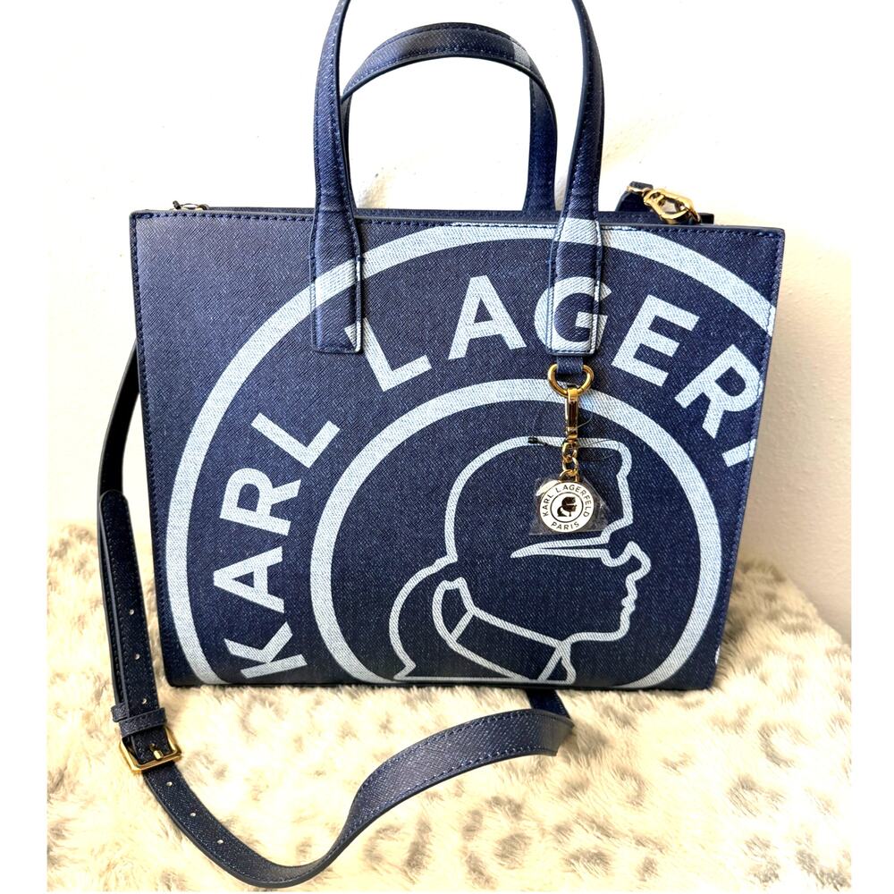 Karl Lagerfeld Paris Denim Print Logo Tote Satchel Crossbody NWT